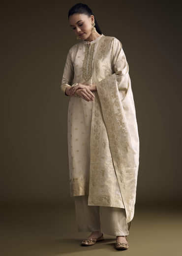Beige Tissue Palazzo Suit With Banarasi Weave