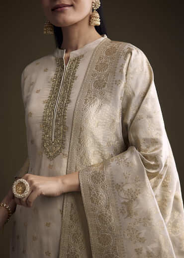 Beige Tissue Palazzo Suit With Banarasi Weave