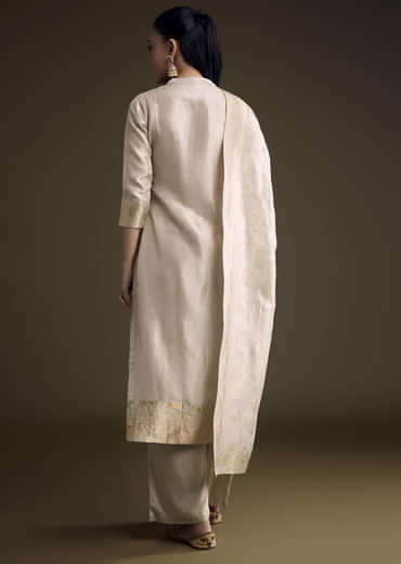 Beige Tissue Palazzo Suit With Banarasi Weave