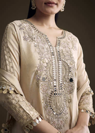 Beige Tissue Palazzo Suit With Mirror And Zari Embroidery