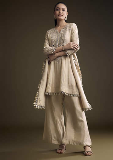 Beige Tissue Palazzo Suit With Mirror And Zari Embroidery