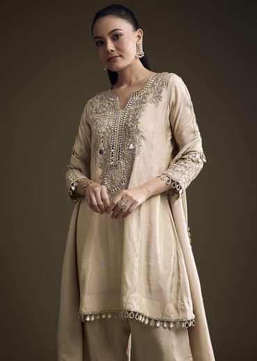 Beige Tissue Palazzo Suit With Mirror And Zari Embroidery