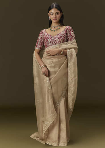 Beige Tissue Saree With Embroidered Brocade Blouse