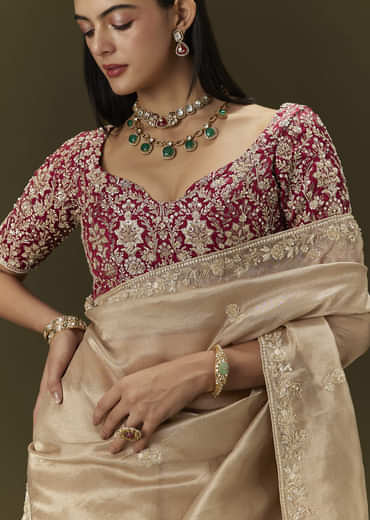 Beige Tissue Saree With Embroidered Brocade Blouse