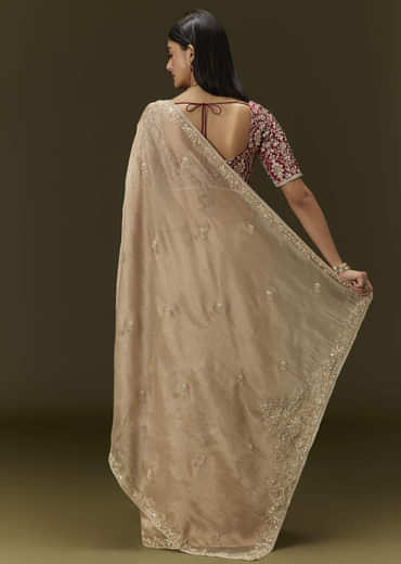 Beige Tissue Saree With Embroidered Brocade Blouse