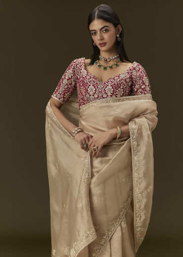Beige Tissue Saree With Embroidered Brocade Blouse