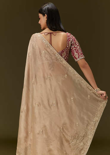 Beige Tissue Saree With Embroidered Brocade Blouse