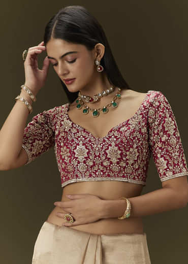 Beige Tissue Saree With Embroidered Brocade Blouse
