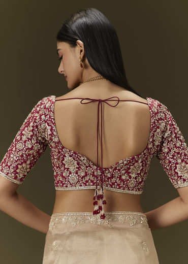 Beige Tissue Saree With Embroidered Brocade Blouse