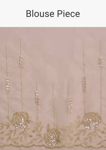 Beige Tissue Saree With Floral Embroidery And Scallop Border