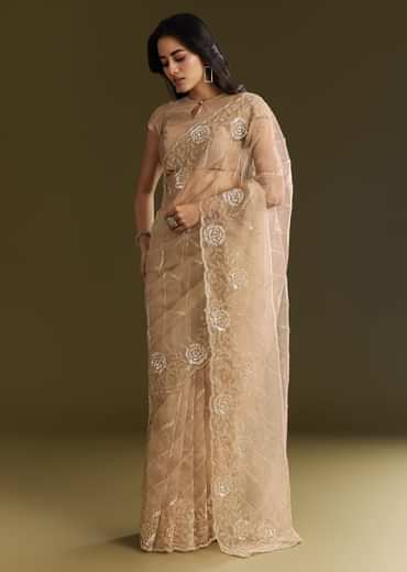 Beige Tissue Saree With Floral Embroidery And Scallop Border