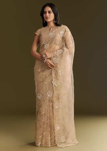 Beige Tissue Saree With Floral Embroidery And Scallop Border