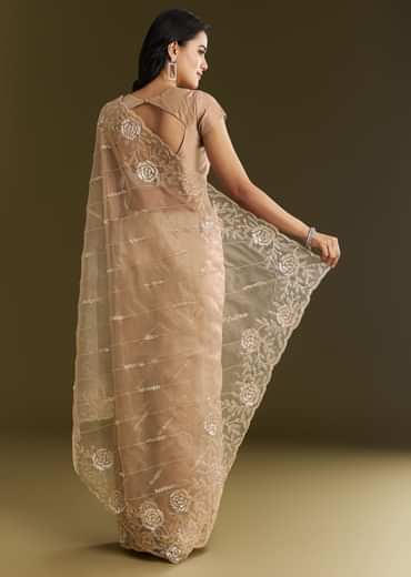 Beige Tissue Saree With Floral Embroidery And Scallop Border