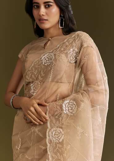 Beige Tissue Saree With Floral Embroidery And Scallop Border