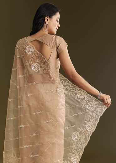 Beige Tissue Saree With Floral Embroidery And Scallop Border