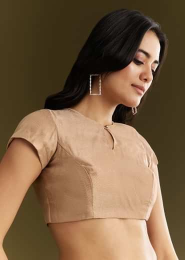 Beige Tissue Saree With Floral Embroidery And Scallop Border