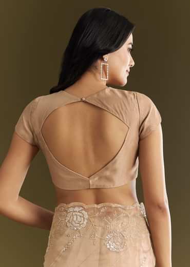 Beige Tissue Saree With Floral Embroidery And Scallop Border