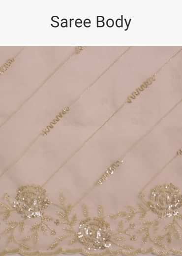 Beige Tissue Saree With Floral Embroidery And Scallop Border