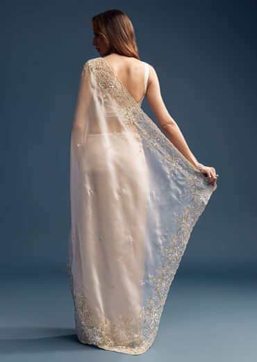 Beige Tissue Saree With Golden Floral Embroidery