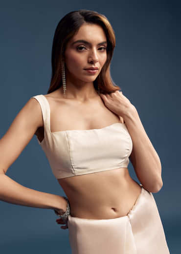 Beige Tissue Saree With Golden Floral Embroidery