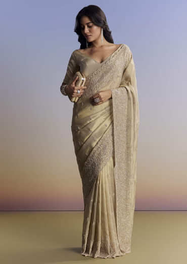 Beige Tissue Saree With Hand Embroidery With Cutdana And Sequins