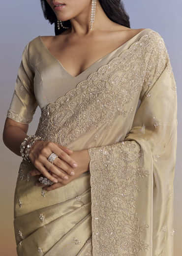 Beige Tissue Saree With Hand Embroidery With Cutdana And Sequins
