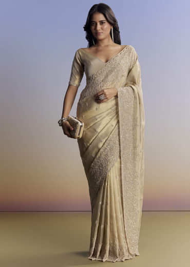 Beige Tissue Saree With Hand Embroidery With Cutdana And Sequins