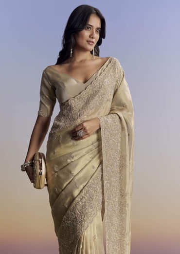 Beige Tissue Saree With Hand Embroidery With Cutdana And Sequins