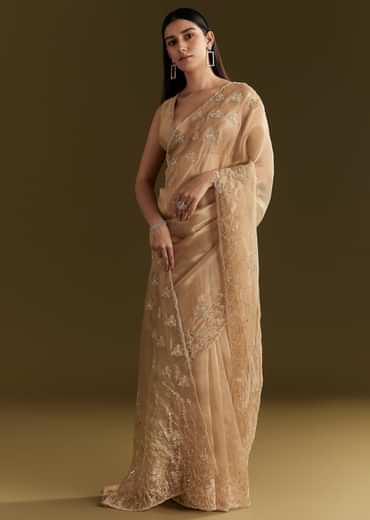 Beige Tissue Saree With Heavy Cutdana And Beads Embroidery