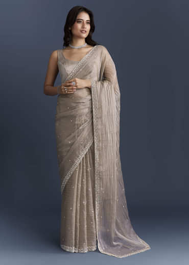 Beige Tissue Saree With Heavy Hand Embroidery