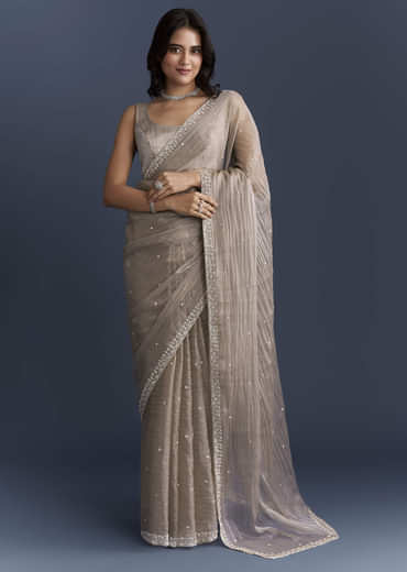 Beige Tissue Saree With Heavy Hand Embroidery
