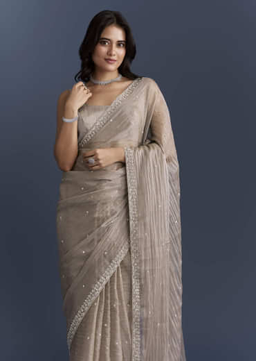 Beige Tissue Saree With Heavy Hand Embroidery