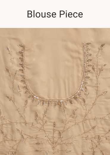 Beige Tissue Saree With Leaf Motif Embroidery In Sequins And Cutdana