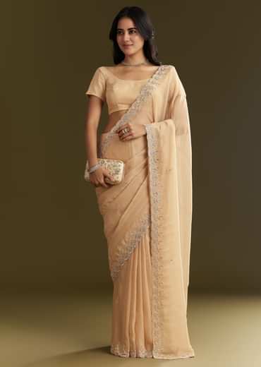 Beige Tissue Saree With Leaf Motif Embroidery In Sequins And Cutdana