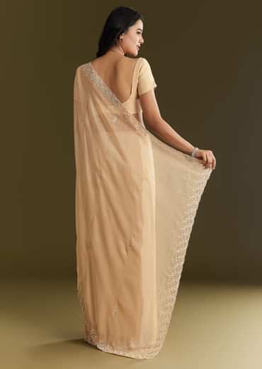 Beige Tissue Saree With Leaf Motif Embroidery In Sequins And Cutdana