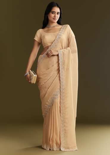 Beige Tissue Saree With Leaf Motif Embroidery In Sequins And Cutdana