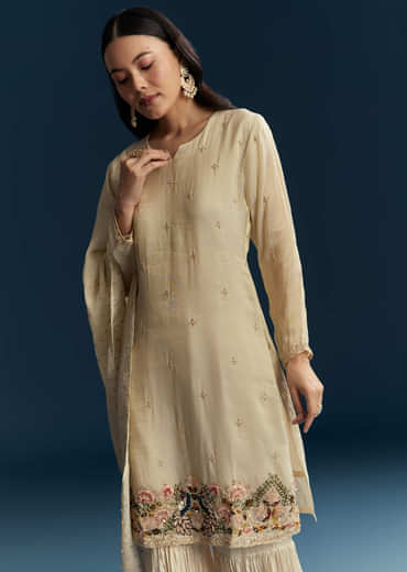 Beige Tissue Sharara Suit With Zardosi And Thread Work