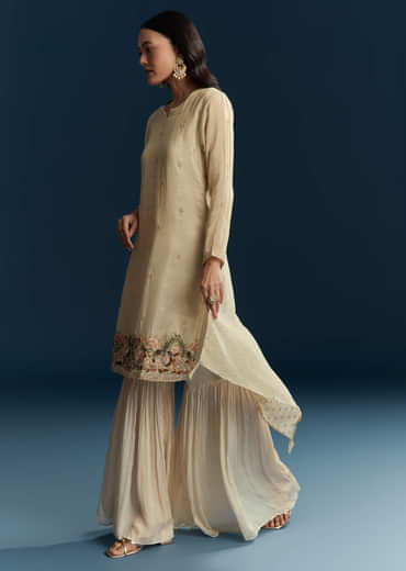 Beige Tissue Sharara Suit With Zardosi And Thread Work