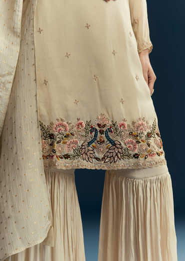 Beige Tissue Sharara Suit With Zardosi And Thread Work
