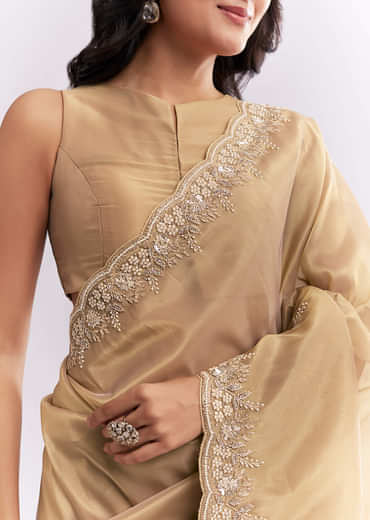 Beige Tissue Silk Saree With Heavy Hand Embroidery