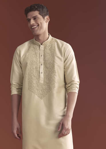Beige Tussar Kurta Set For Men With Embroidery