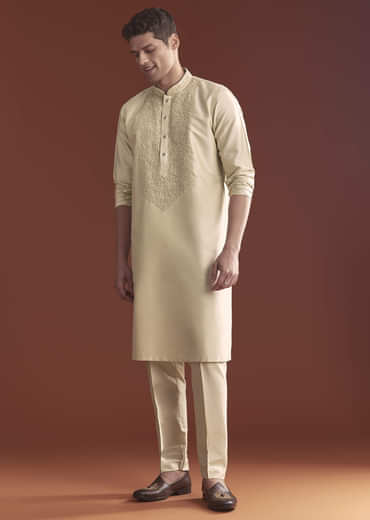 Beige Tussar Kurta Set For Men With Embroidery