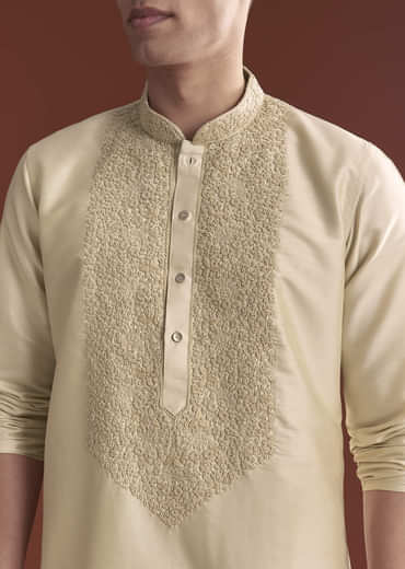 Beige Tussar Kurta Set For Men With Embroidery