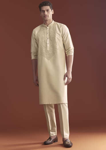 Beige Tussar Kurta Set For Men With Embroidery