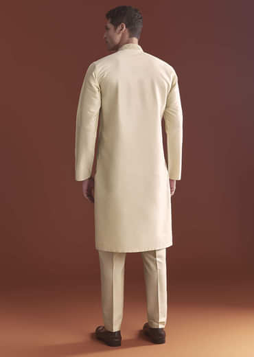 Beige Tussar Kurta Set For Men With Embroidery