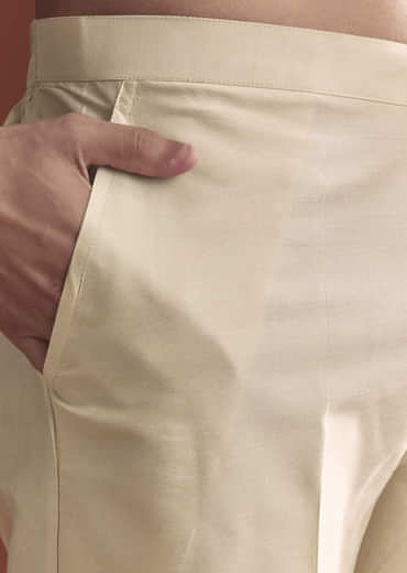 Beige Tussar Kurta Set For Men With Embroidery