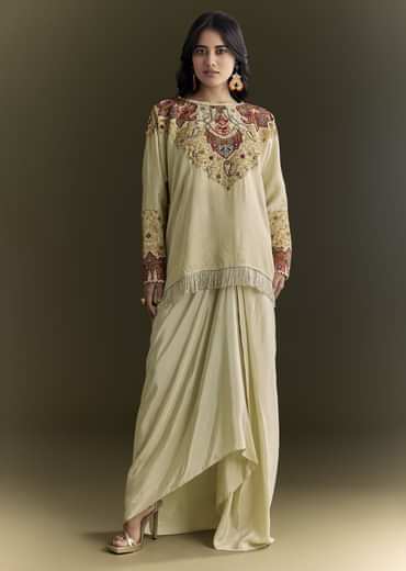 Beige Tussar Silk Kurta Skirt With Beads And Threadwork