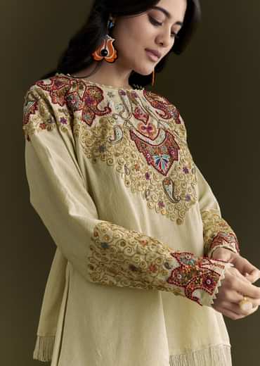 Beige Tussar Silk Kurta Skirt With Beads And Threadwork
