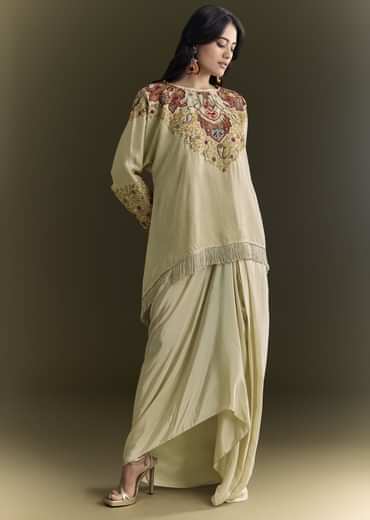 Beige Tussar Silk Kurta Skirt With Beads And Threadwork