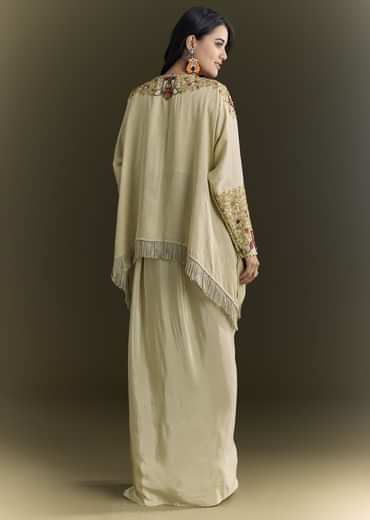 Beige Tussar Silk Kurta Skirt With Beads And Threadwork
